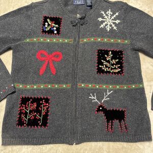 Crazy Horse Holiday Cardigan Women Medium Gray Zipper Embroidered Sequin Winter